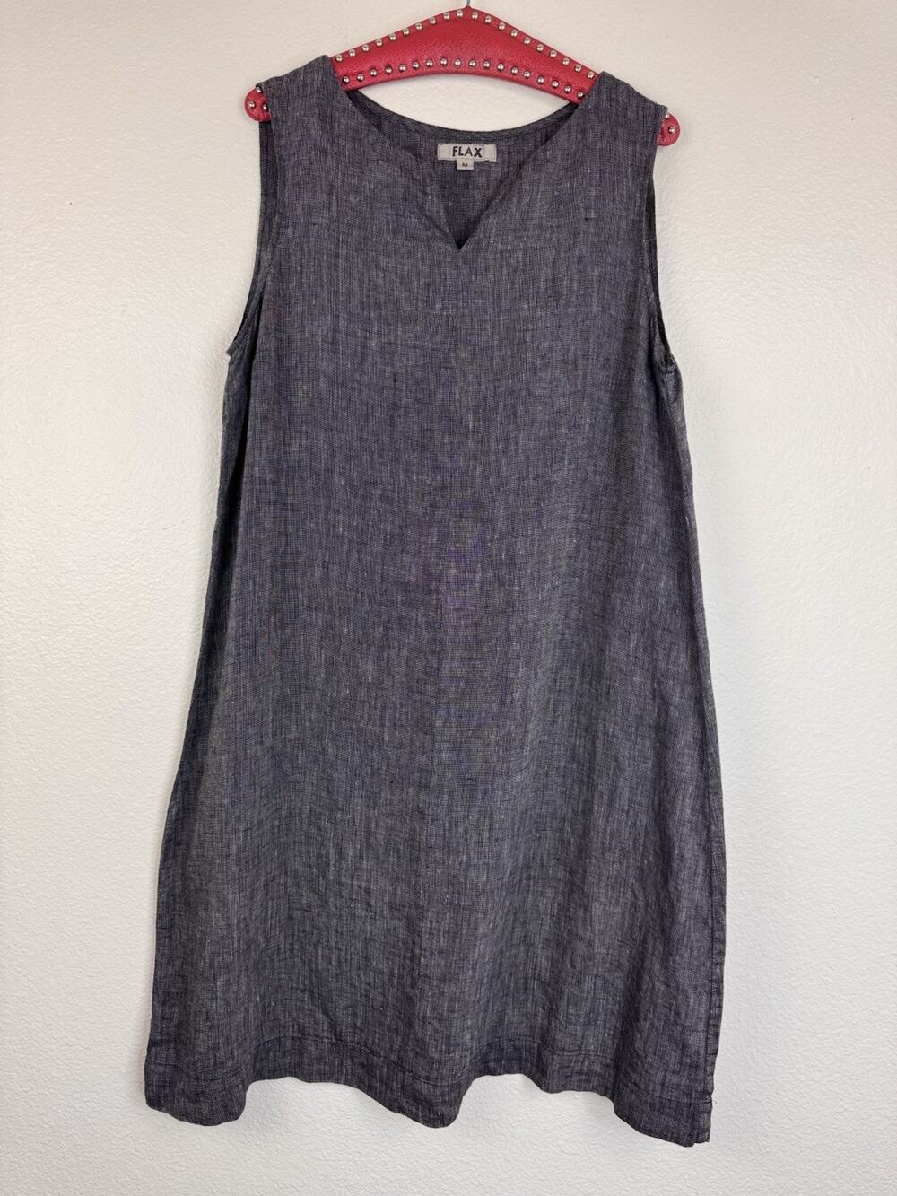 FLAX 100% Linen Sleeveless V-Neck Midi Shift Dress Lagenlook Casual Black M